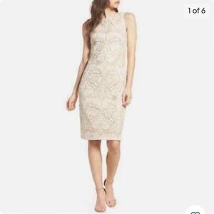 Eliza J Beaded Neckline Jacquard Ivory Dress